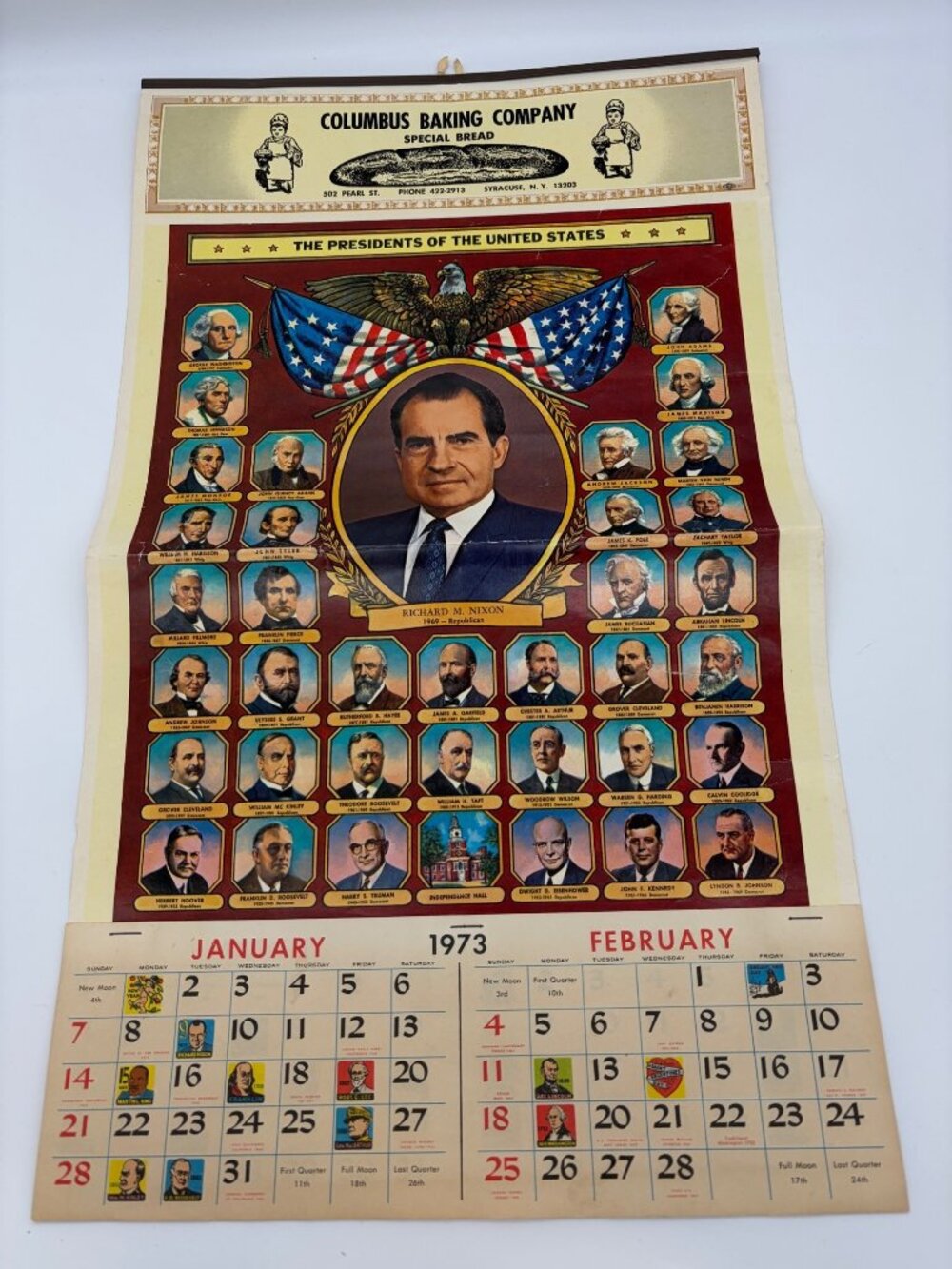 1973 Presidents United States Wall Calendar Nixon Columbus Baking Syracuse NY